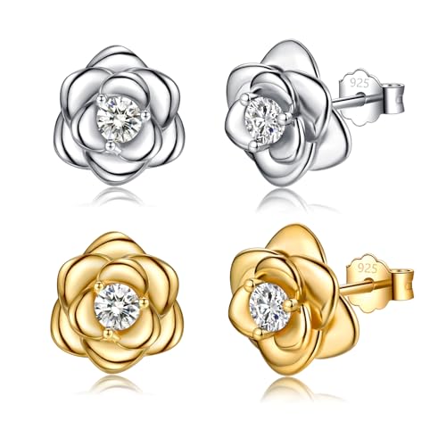 Sterling Silver Stud Earrings for Women, 2PCS Flower Cubic Zirconia Hypoallergenic Helix Cartilage Earrings Jewelry Gifts for Girls (Silver+Gold)