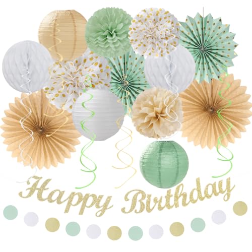 Image of Champagne-Gold White Sage-Green Women Birthday Decorations Huglony | 21pcs Boho Party Happy Banner,Streamers,Paper Lanterns,Pom Poms Fans 13th 18th 21st 30th 40th 50th 60th Birthday Backdrop