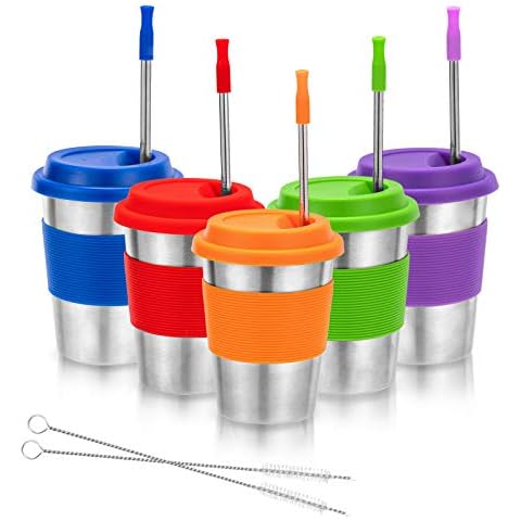 Stainless Steel Cups, Metal Drinking Glasses with Silicone Lids &Sleeves& Straws, Perfect for Indoor and Outdoor Activities by Dorihom（5 Pack 12 oz） Cover
