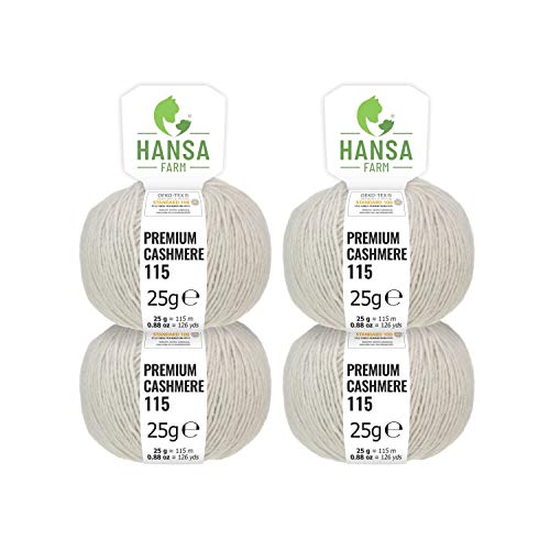 HANSA-FARM 100% Lana de Cachemir Premium en 12 Colores (Suave, no Pica) - Set de 100g (4X 25g) Fingering - Lana Fina de Cachemira para Punto y Ganchillo Gris argentado/Gris Claro