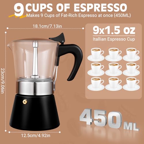 Image of Induction Moka Pot, 9 Cups (15.9 oz) Crystal Glass-Top & Stainless Steel Moka Pot, Classic Stovetop Espresso Maker, Black
