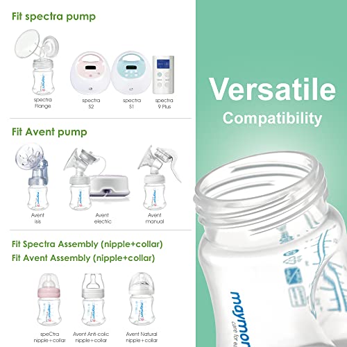 Image of Maymom Wide-Mouth Milk Storage Feeding Collection Bottle with Nipple, Dome Cap, Bottle Top, SureSeal Sealing Disk; Compatible with Spectra Pump /Motif Luna; 5 pc (4.7Oz /140mL)