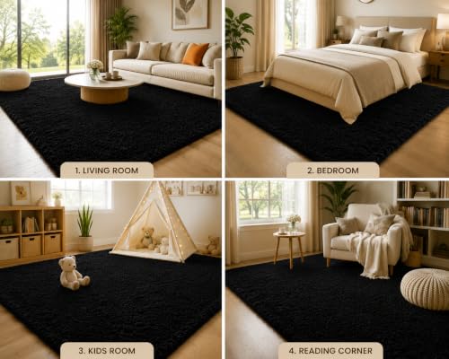 Image of Shaggy Carpet 5x8 Ft for Living Room & Bedroom (Black)