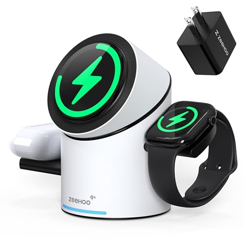 ZEEHOO 3 in 1 Charging Station for Apple Devices, Mag-Safe Charger Stand, Qi2 15W Auto-Rotating Wireless Charger for iPhone 17 16/15/14/13/12 Series& AirPods& iWatch(White)