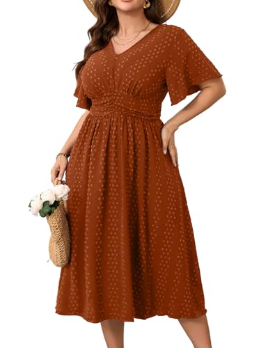 Image of RWJ Women's Plus Size Maxi Dress V Neck Short Sleeve Swiss Dot A Line High Waist Boho Swing Casual Summer Dresses