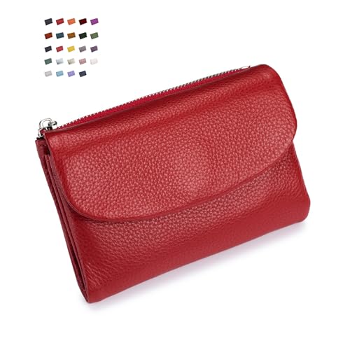 Joyfullygo Wallet,Unisex Pebble Leather Wallet,Small Wallets for Women, Full Grain Leather Coin Purse with Credit Card Holder (Red)