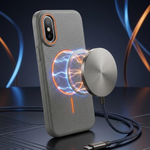Image of amazon basics Luxury MagSafe Compatible Leather Texture Back Cover for iPhone 17E | Raised Camera Protection | Slim Fit Shockproof Case with Metallic Accents (Gray)