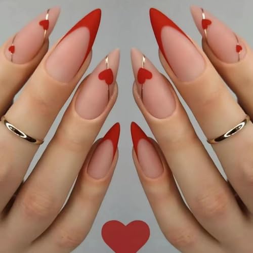 Image of Red French Tip Press On Nails Heart False Nails Medium Almond Glossy Acrylic Full Cover Nude Pink Stick On Nails for Women Manicure