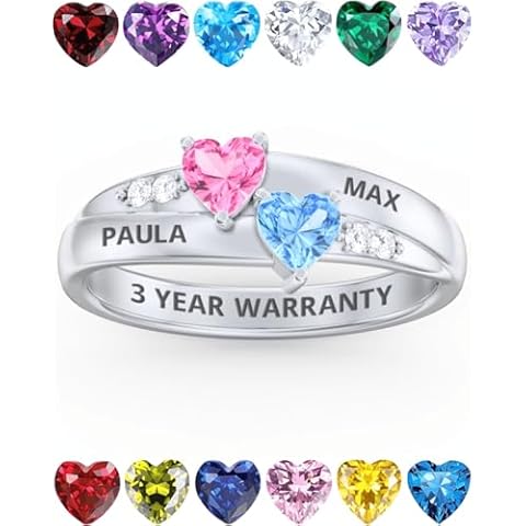 PaulaMax Jewelry Promise Rings for Her – Custom Engraved Birthstone Ring for Women in Sterling Silver or 10K 14K White Gold – Personalized 2 Heart Birthstones, Sizes 5-12 Cover