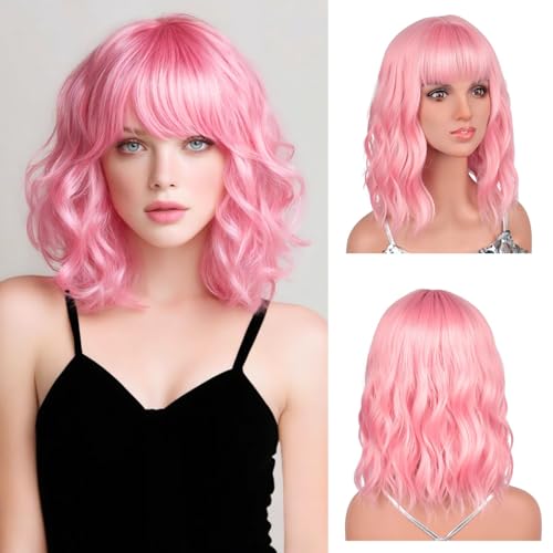 Perruque rose clair avec frange synthétique de 35 cm pour femme