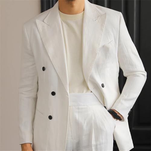 Men's Fashion Suit Luxury Linen Double Breasted Slim Fit Business Retro 2 Piece Jacket Pant3