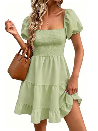 Image of Wenrine Womens Puff Sleeve Babydoll Dress Summer Floral Square Neck Smocked Casual Off Shoulder Ruffle Boho Mini Dresses
