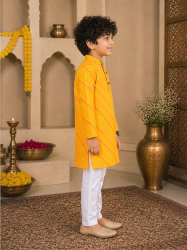Image of superminis Cotton Boys Sanganeri Lehariya Printed Kurta Set with White Pyjama Elastic Closure