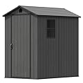 Devoko 4x6 FT Outdoor Storage Plastic Shed, Waterproof Resin Garden Shed with Lockable Door, Floor & Window, All-Weather Tool Shed for Backyard, Patio, Lawn, Poolside, Dark Gray