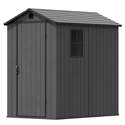 Devoko 4x6 FT Outdoor Storage Plastic Shed, Waterproof Resin Garden Shed with Lockable Door, Floor & Window, All-Weather Tool Shed for Backyard, Patio, Lawn, Poolside, Dark Gray