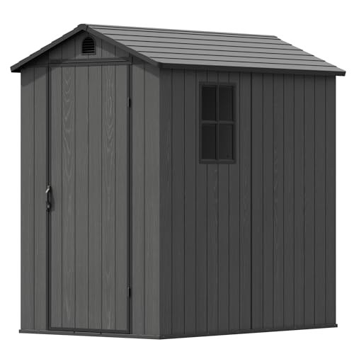 Image of Devoko 4x6 FT Resin Storage Sheds with Floor, Plastic Outdoor Garden Shed with Windows and Lockable Doors, Waterproof Outside Tool Sheds for Patio Backyard Lawn, Dark Gray