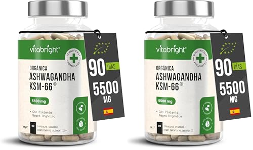 Ashwagandha KSM-66 | Bio Ashwagandha Cápsulas 5500 mg | 3 Meses - 1 al Día | Bajar el Cortisol | 550 mg Ashawanda Concentrada KSM 66-10x Más Fuerte | VitaBright Asawanda (Paquete de 2)
