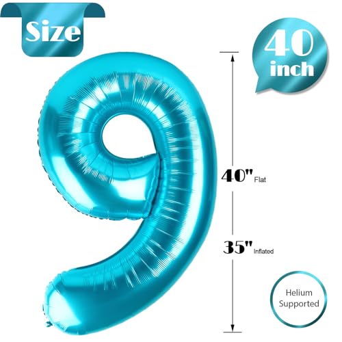 Image of Light Blue Number 9 Balloon 40 Inch, 9th Birthday Party Decorations, Giant 9 Foil Balloon for Party Supplies