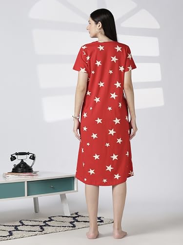 Image of 9shines Label Hosiery Cotton Knee Length Short Night Dress | Short Nighty for Women with Pocket | Graphic Print Nightwear | Night Gown for Women (M-7XL)