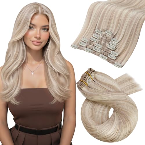 Image of Moresoo Blonde Highlight Clip in Hair Extensions Ash Blonde with Bleach Blond Remy Clip in Human Hair Extensions Straight Double Weft 120g /7pcs 18 inch
