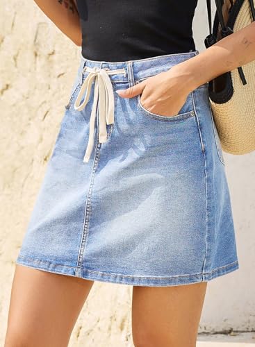 Image of Sidefeel Women's Jean Skirt High Waist Drawstring Stretchy Casual Summer Loose Fit Trendy Mini Denim Skirt with Pockets