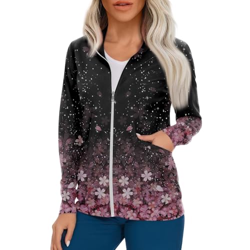 Scrub Jackets for Woman Zip Up Long Sleeve Tops Print Plus Size Womens Scrubs for Women Nursing Shirts with Pockets