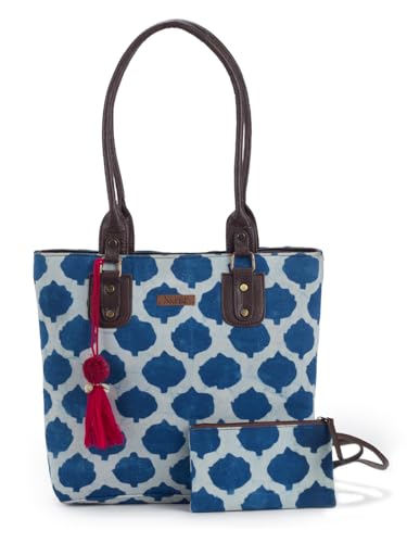 Image of NEPRI Office Pouch Tote Bag | Stylish Set of 2 Tote Bags for Women| Vegan Leather & Handblock Printed Fabric Handbag with Double Handle Shoulder Strap| Daily & Travel Use