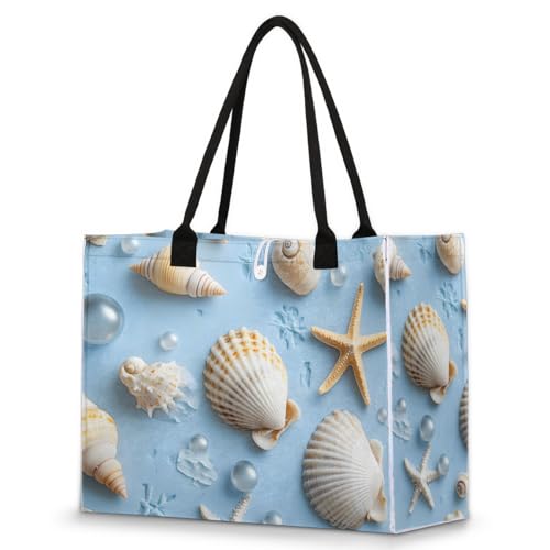 Shell Pearl Starfish Tote Bag for Women Large Beach Bag Reusable Tote Bags for Work Travel Beach Shopping
