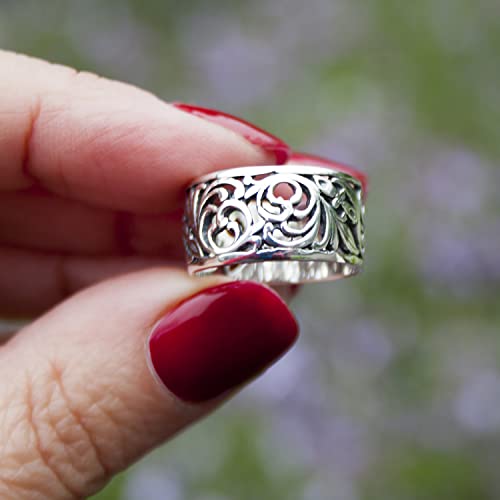 Norwegian Rosemaling Ring - Sterling Silver Floral Filigree Band Rings - Wide Vintage Style Wedding Bands Plus Size - Norse Nordic Jewelry for Women - Handmade3
