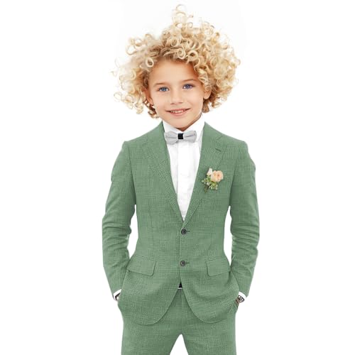 Baby Boy Sage Green Summer Suit Linen Fabric 2 Pieces Blazer Pants Set Notched Lapel Lightweight Slim Fit Wedding Ring Bearer Outfit Size 2