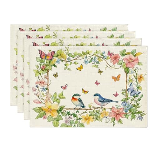Artoid Mode Vögelchen Schmetterling Blumen Frühling Platzsets 4er Set, 30x45cm Urlaub Tischsets Waschbar Platzdeckchen Küche Party Deko
