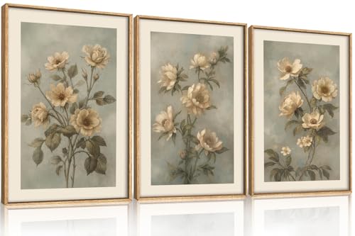 Image of KAIRNE Vintage Botanical Flower Framed Canvas Wall Art Set,Boho Green Beige Floral Wall Decor,Rustic Wildflower Art Prints,Modern Minimalist Artwork for Living Room,Bedroom,Farmhouse,Office-24 x36 x3