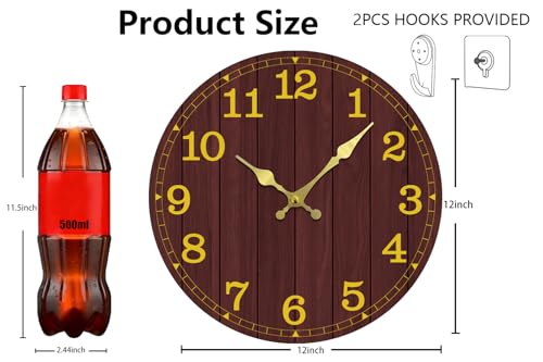 Image of Wall Clock, Modern Wall Clocks Battery Operated, Silent Non Ticking Clock Decorative for Living Room, Office, Home, School 12 Inch (Brown, Gold)