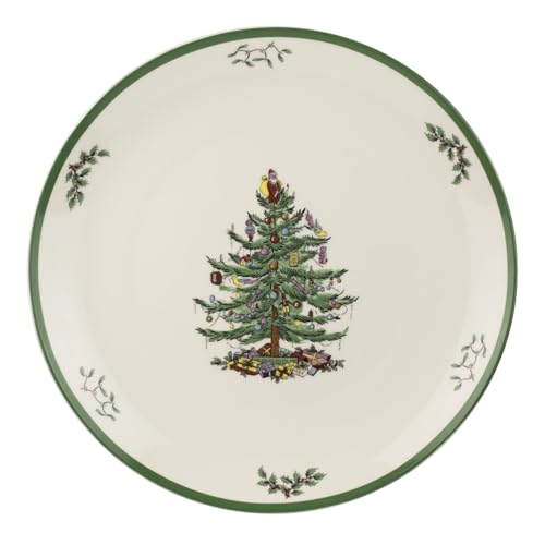 Spode Christmas Tree Round Platter - 14-Inch Holiday Serving Plate for Charcuterie, Snacks, Desserts - Classic Christmas Dinnerware with Green Accents - Dishwasher & Microwave Safe