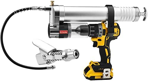 ATIVERE Electric Grease Gun Drill Adapter with 14 OZ Load, Locking Grease Gun Coupler, 12 Inch High Pressure Hose, Extension Rigid Pipe, Pneumatic Tool, Universal Conversion Gun Head