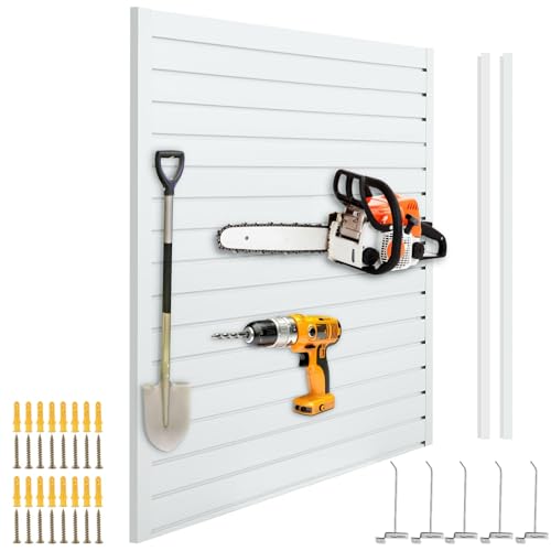 Slatwall Panels for Garage 4 x 4 ft – Set of 4 Panels (each 4ft x 1ft), 20 Hooks & Mounting Hardware Included, PVC Wall Organizer Storage System for Garage Workshop Shed, White