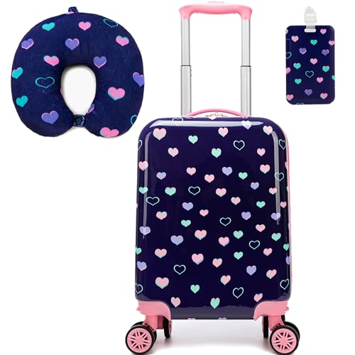 Image of Kid's Luggage Set 2 Piece Suitcase Set Hardside Luggage with Spinner Wheels Girls Carry on Toddler Travel Rolling Suitcase with Neck Pillow Airline Approved