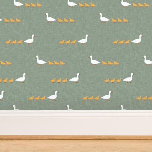 Spoonflower Commercial Grade Wallpaper Swatch - Mama Duck Sage Green Yellow Ducklings Animal Nursery Cute Sweet Traditional Wallpaper