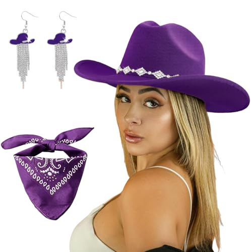 JIANGLAI Western Cowgirl Hat for Women Men Fedora Wide Brim Rhinestone Cowboy Hat with Bandana and Cowgirl Tassels Earrings (Purple One Size)