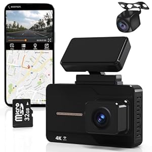 Dash Cam Front and Rear, 4K+1080P Dash Camera Built in WiFi GPS with 32GB TF Card, APP, Dual Dashcams for Car with WDR Night Vision, Loop Recording, G-Sensor, Parking Monitor, 3-inch IPS Screen