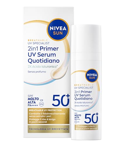 NIVEA SUN 2in1 Primer UV Serum Quotidiano SPF50+ 30 ml, Siero SPF 50+ viso invisibile, Protezione solare viso ideale come base make up, Con 2x Acido Ialuronico, Senza profumo, Tutti i tipi di pelle