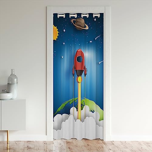 Erosebridal Boy Door Curtains For Doorways, Rocket Blackout Curtain, Outer Space Door Drape, Galaxy Stars Universe Planet Room Divider Curtain For Kids Girls Teens Home Dorm Decor, 34