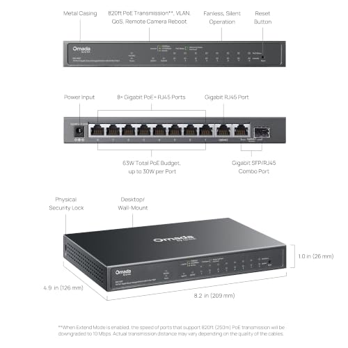 Image of TP-Link Omada 8 Port Gigabit Easy Managed, PoE Switch, 63W Budget, PoE+ Compliant, Up to 250m PoE Distance, Auto Recovery, VLAN, Auto Loop Prevention, Fanless, Managed by Omada(ES210GP)