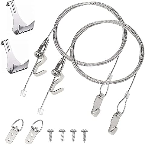 2 Pack Heavy Duty Picture Hanging Wire kit for Mirror Wall Picture Light Lamp, 2m Stainless Steel Picture Hanging Rope Kit with 1Pc Adjustable Hook+Picture Rail Hooks+Frame Hangers Cover
