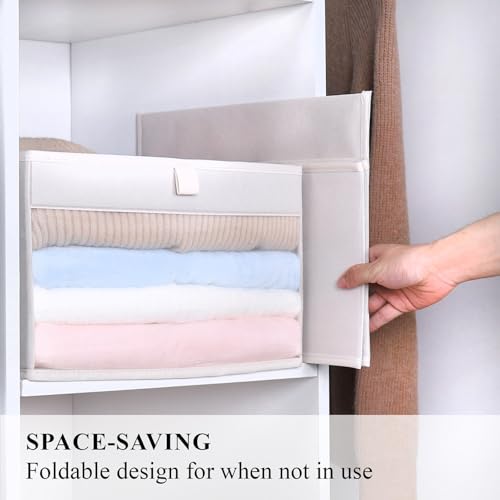 WUIKE Closet Storage Bins, Fabric Organizer Baskets with Clear Window and Handles, Foldable Storage for Shelves, Beige, Large, 3-Pack - Image 5