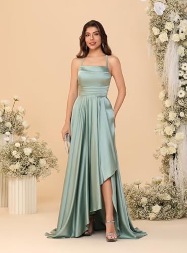 YMSHA Satin Bridesmaid Dresses for Women A Line Halter Side Slit Formal Dress YMS4473