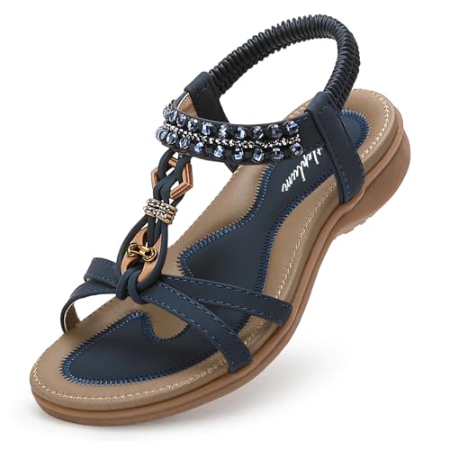 Image of Littleplum Womens Sandals Arch Support Slingback Rhinestone Dressy Sandals Comfort Summer Shoes Ankle Strap Elastic Flats for Beach Walking