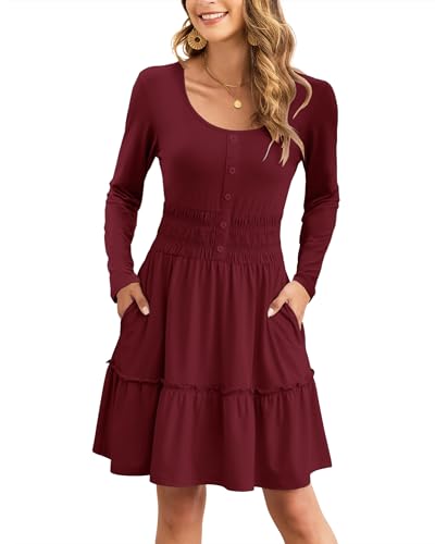 AUSELILY Womens Fall Dress 2025 Long Sleeve Tank Button Down Dresses Ruffle Tiered Smocked Elastic Waist Casual Mini Dress