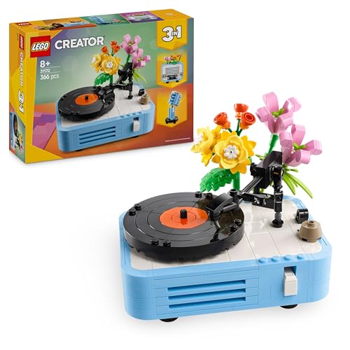 LEGO Creator 3 en 1 Tocadiscos con Flores Vintage, Set de Construcción Musical Convertible en Radio Retro o Micrófono de Juguete, Juguetes Musicales para Niñas y Niños de 8+ Años 31172