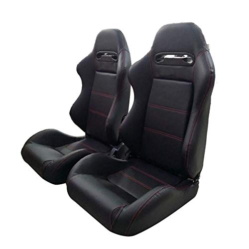 Autoforever 2Pcs Universal Faux Leather Reclinable Racing Seats Black With Red Stich (Left Right) #TOP1
